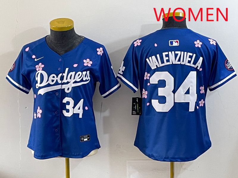 Women Los Angeles Dodgers 34 Valenzuela Blue Sakura Edition 2025 Nike MLB Jersey style 33